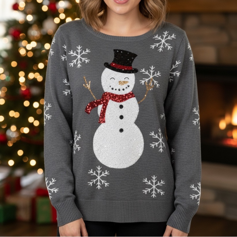 Tipsy Elves Gray Snowflake Snowman Sweater size L